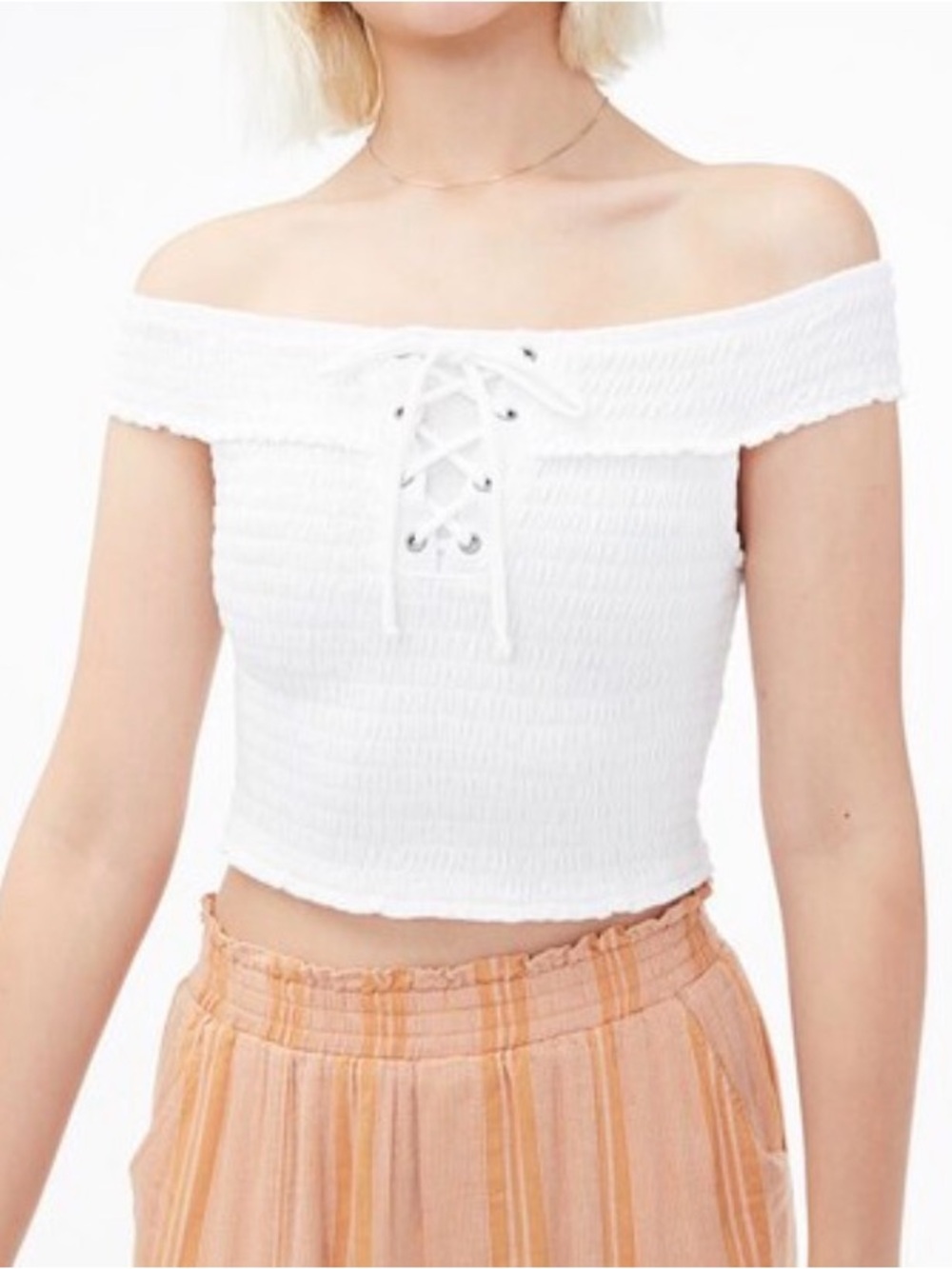 Aeropostale Lace-Up Smocked Off-The-Shoulder Crop Top XL